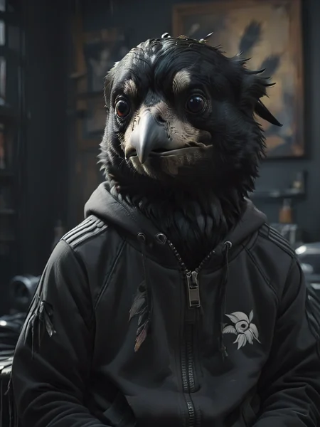 oil painting, close up shot depressed stnerfx raven wearing a tracksuit, facing the camera, feathers, beak, in a studio, deep shadows, <lora:- SDXL - stnerfx _Stoned_Fox_Style_V4.0:.9>