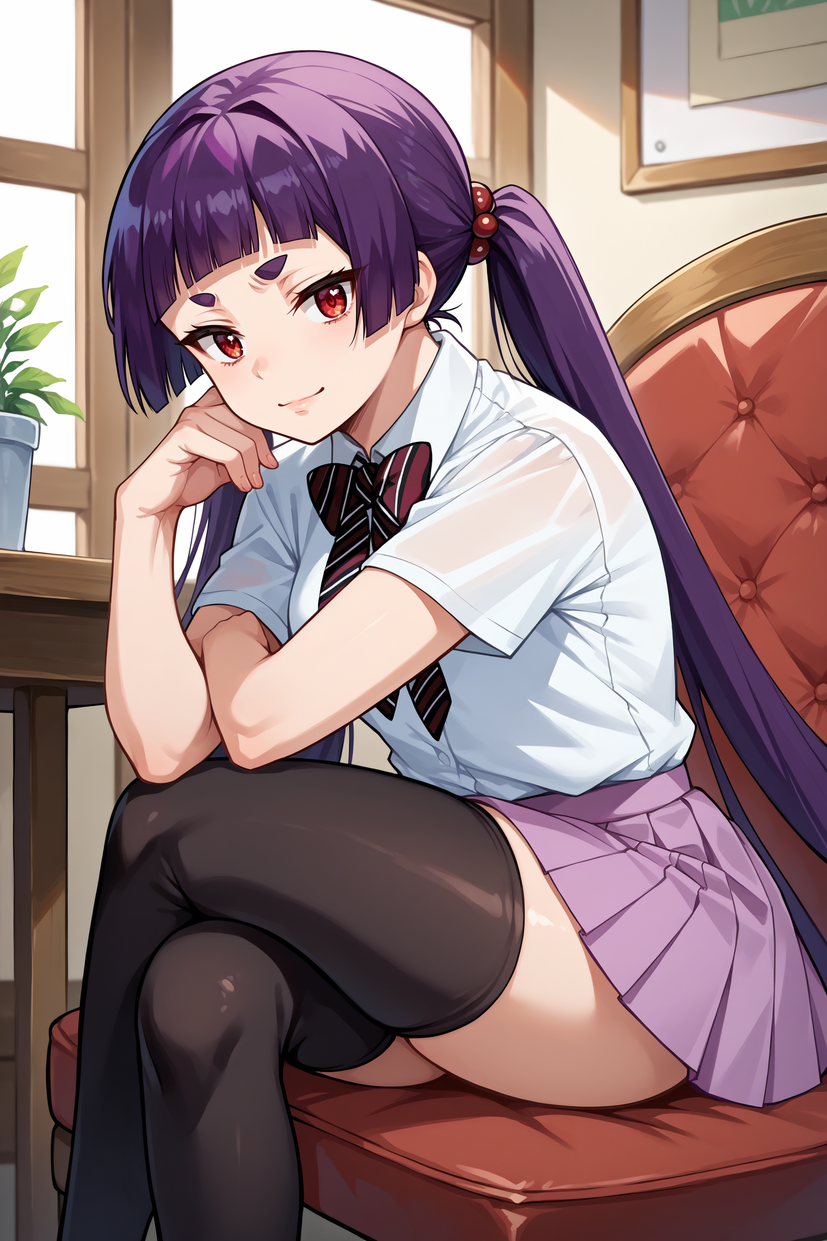 score_9, score_8_up, score_7_up, score_6_up, source_anime, 1girl, solo, <lora:kamikiizumo-pdxl-nvwls-v1-000006:1> izumokamiki, eyebrows, dark purple hair, low twintails, blunt bangs, red eyes, white shirt, collared shirt, short sleeves, striped bow, pleated skirt, lavender skirt, thighs, black thighhighs, breasts, sitting, looking at you, light smile, bored, sitting, chair, indoors