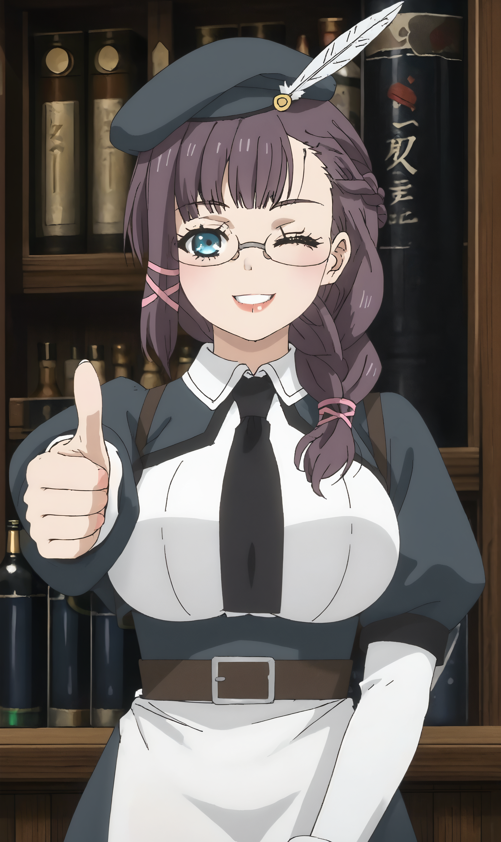 LaNell, score_9, score_8_up, score_7_up, score_6_up, score_5_up, score_4_up, source_anime, masterpiece, best quality, amazing quality, absurdres, 1girl, solo, BREAK, purple hair, side braid, braided ponytail, long hair, green blue eyes, large breasts, BREAK, glasses, thin-framed glasses, pink ribbon, dark grey and white maid uniform, beret, dark grey beret, white feather, pink hairbands, white front panel, black tie, puffed short sleeves, black armbands, white detached sleeves, brown shoulder straps, apron, BREAK, indoors, pose for viewer, thumbs up, upper body, smile, eyelashes, front view, close-up, one hand on hips, wink, hand to the front, BACKGROUND: tavern, bottles, dimmed light, 