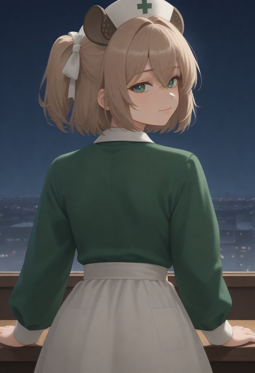 1girl, solo, solo focus, highres, absurdres, NimiNightmare, nurse cap, green eyes, bangs, animal ears, brown hair, hair between eyes, short hair, one side up,
large breasts, white apron, green dress, long sleeves, collared dress, puffy sleeves, white thighhighs,
looking at viewer, closed mouth, smug, head tilt, from behind, looking back, 
cityscape, neon lights, window, dark, night, night sky, light particles, backlighting,