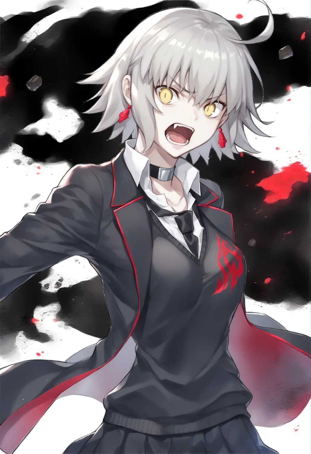 fate/grand order, fate (series), jeanne d'arc alter (avenger) (fate), jeanne d'arc alter (fate), miya 28o, 1girl, ahoge, black choker, black jacket, black skirt, black sweater vest, choker, collared shirt, delinquent, earrings, fangs, grey hair, jacket, jewelry, looking at viewer, necktie, open mouth, school uniform, shirt, short hair, skirt, solo, stud earrings, sweater vest, yellow eyes <lora:Yasuda Suzuhito STYLE:1>, score_9, score_8_up, score_7_up, score_6_up, score_5_up, score_4_up, BREAK source_anime, masterpiece