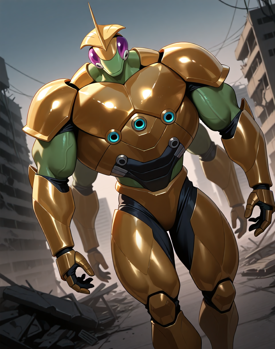 <lora:Ultimate_Katris_(Shinzo)_(Illustrious)_(AD):1.15> Ultimate Katris, muscular, mantis, Shinzo, 
((
exterior, bent leg, anime post apocalyptic city, destroyed buildings, destroyed skyscrapers, buildings laying at an angle or on the side,  cowboy shot, dutch angle, 
dynamic action, insect anthro, male focus, strong warrior, manly, bounty hunter, villain, glossy gold armor, manly, masculine, 4arms, four armed, hyper muscular, 
)), 
BREAK: very awe, aesthetically pleasing, masterpiece, best quality, amazing quality, very aesthetic, perfect depth of field shot, gradient coloring, subsurface reflections, source_furry, furry_art, vivid colors, source_anime, masterclass anime,
masterpiece, best quality, amazing quality, very aesthetic, high resolution, ultra-detailed, absurdres, newest, scenery, {Prompt}, BREAK, detailed background, volumetric lighting,
BREAK: lazympos, lazypos (3),