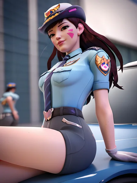 score_9, score_8_up, score_7_up, 1girl, solo focus, officerdva, d.va (overwatch), pink whiskers, <lora:Officerdva-000030:1> sitting on police cruiser, looking at viewer