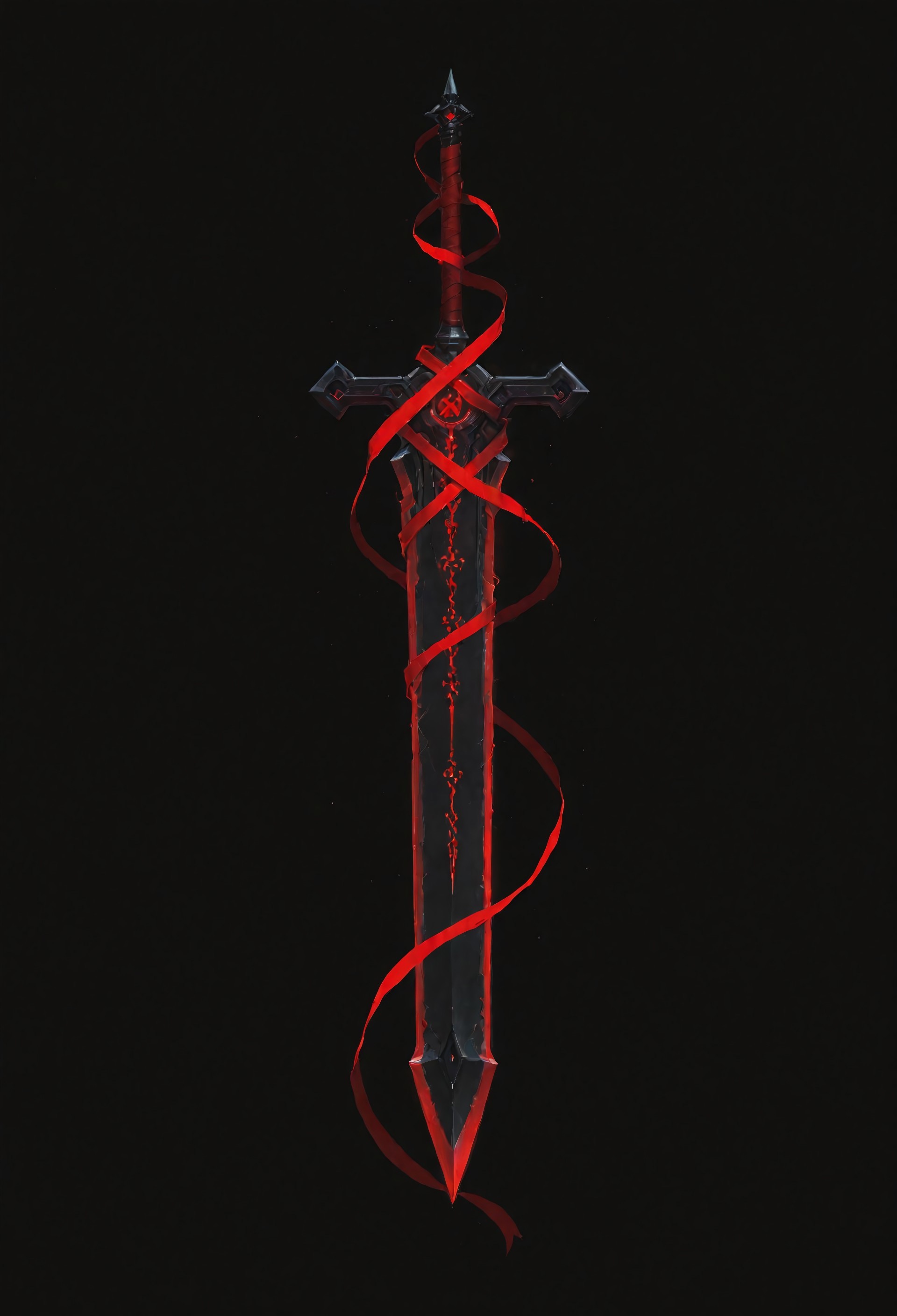 lazypos, vera_awa, EdgeOfAvarice, greatsword, glowing red runes, dark fantasy, demonic weapon, elegant, single weapon, extremely high detail, glowing runes, power, flowing ribbon, black background, dutch angle, floating, crimson energy 