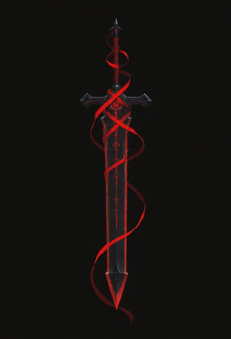 lazypos, vera_awa, EdgeOfAvarice, greatsword, glowing red runes, dark fantasy, demonic weapon, elegant, single weapon, extremely high detail, glowing runes, power, flowing ribbon, black background, dutch angle, floating, crimson energy