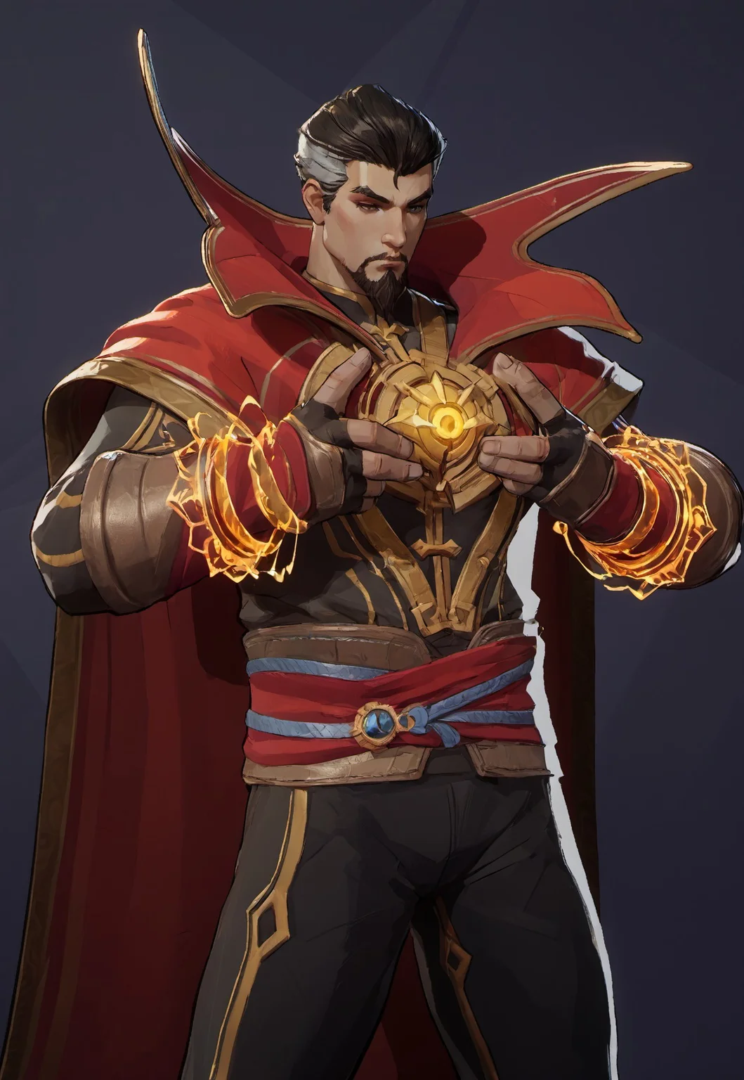safe_pos, score_9, score_8_up, score_7_up, source_anime, rating_nsfw, ultra hd, absurdres, solo, masterpiece, best quality, best aesthetic, Expressiveh, wolfconf, burankoprn!, 1boy
MRivalsDoctorStrange, short hair, facial hair, black outfit with gold accents, red cape, temple background, yellow magic, magic sigil