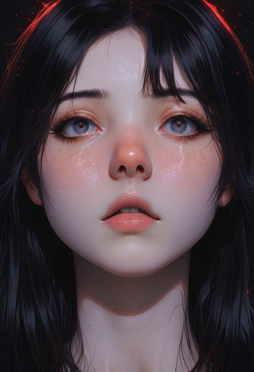 ((realistic)), (masterpiece, best quality, amazing quality),mcht2, very awa, ultra detailed, highly detailed, (detailed face, detailed eyes), absurdres, (volumetric lighting, HDR), simple black background, portrait, 1 girl, russian, nude, black hair, stray hairs, she is looking at something horrible and her soul is gone,