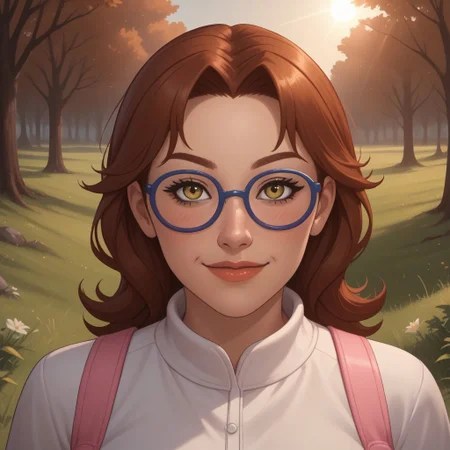 score_9, score_8, BREAK, solo, wii, mii, wii sports, 1girl, female mii, dark yellow eyes, blush, dark red hair, dark red eyebrows, lips, blue glasses, pink clothing, white pants, shoes, cute, nintendo mii, modern_mii, classic_mii, breasts, helen_(\wii_sports\), sexy pose, smile, outdoors, sunlight, shadows, evening lighting, natural lighting, forest, trees, grass, orange sky, sunset