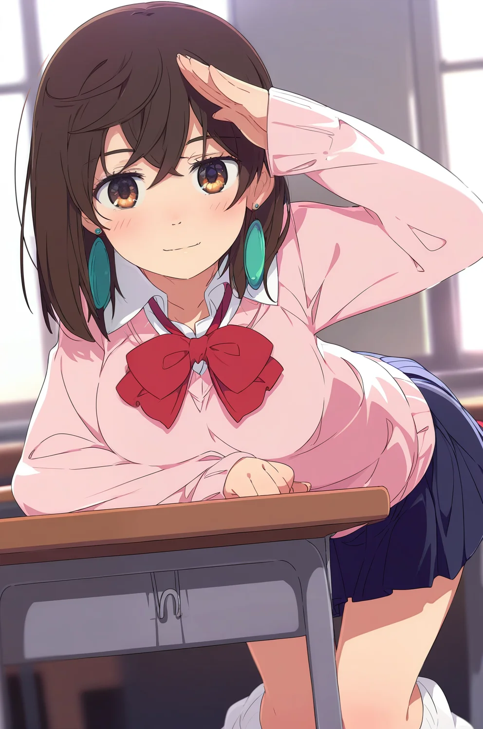 (masterpiece), (best quality), (intricate details, very aesthetic), absurdres, highres, 1girl, <lora:momo_ayase-Illustrious:1> ayase_wz, medium hair, brown hair, brown eyes, large breasts, chocker, red bowtie, pink cardigan, long sleeves, blue skirt, pleated skirt, miniskirt, school uniform, earrings, collared shirt, white shirt, loose socks, white socks, salute, leaning forward, closed eyes, light smile, indoors, classroom,day, window, school desk, cinematic light, looking at viewer, cowboy shot, ogipote,