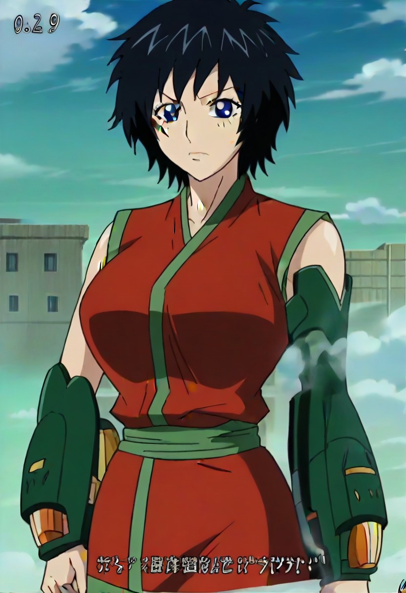 short black hair, blue eye, Scar on right cheek, red sleeveless outfit with green trim,, ,,,,,anime coloring, anime screencap , 1girl,Solo ,, anime,,PUFFY nipple,huge breasts,,, official art,,Uncensored ,Unedited ,,,, ,, ,, , ,,, ,, , ,,,