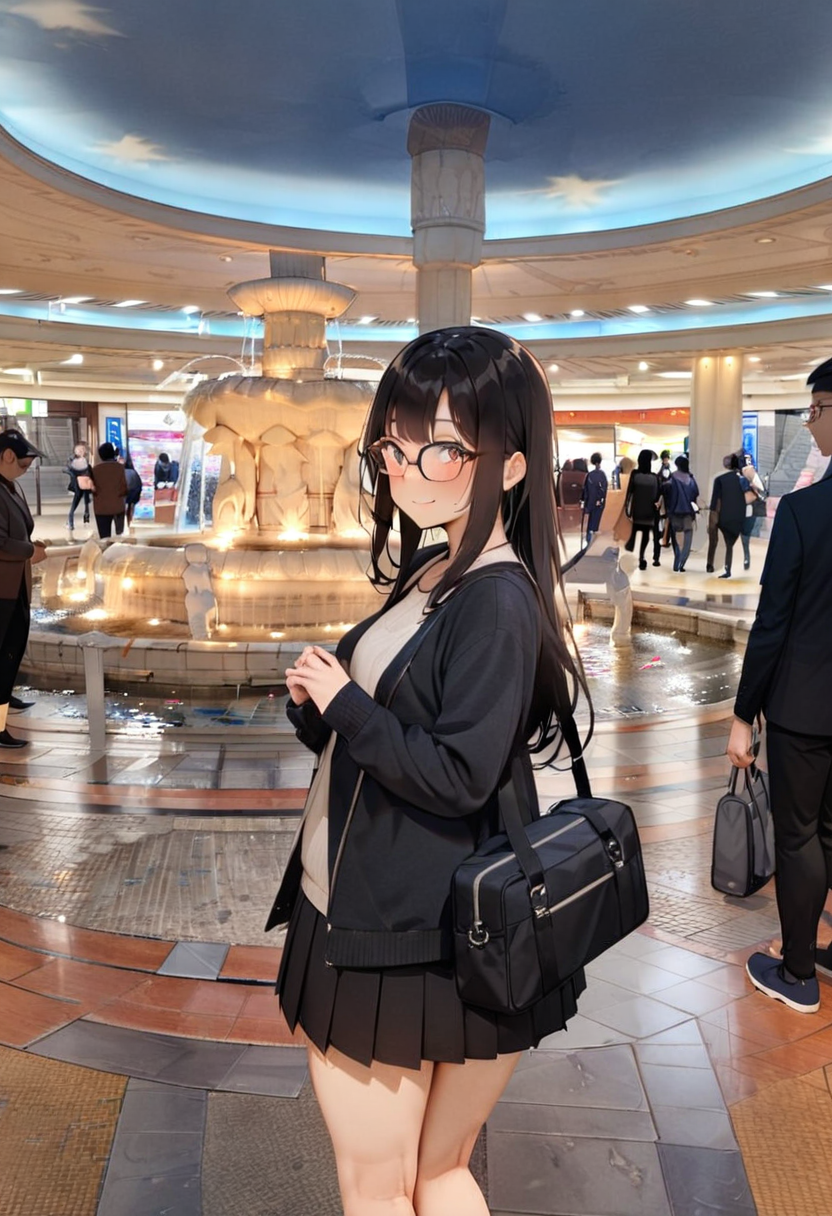 masterpiece, best quality, very aesthetic, absurdres,
1girl, solo, glasses, black hair, long hair, jacket, skirt, black bag, smile, looking at viewer, solo focus,
izuminohiroba, scenery, water, sky, multiple boys, fountain, real world location, ceiling, tile floor
 <lora:izuminohiroba_SDXL_V1:1>