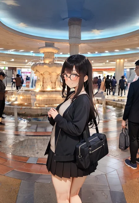 masterpiece, best quality, very aesthetic, absurdres,
1girl, solo, glasses, black hair, long hair, jacket, skirt, black bag, smile, looking at viewer, solo focus,
izuminohiroba, scenery, water, sky, multiple boys, fountain, real world location, ceiling, tile floor
<lora:izuminohiroba_SDXL_V1:1>