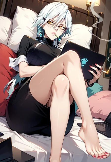 score_9,score_8_up,score_7_up,source_anime, Haruka Gracia,1girl,solo,jewelry,sitting,earrings,glasses,barefoot,nail polish,feet,pillow,bed,crossed legs,toenails,cigarette,smoking,toenail polish,computer,laptop,