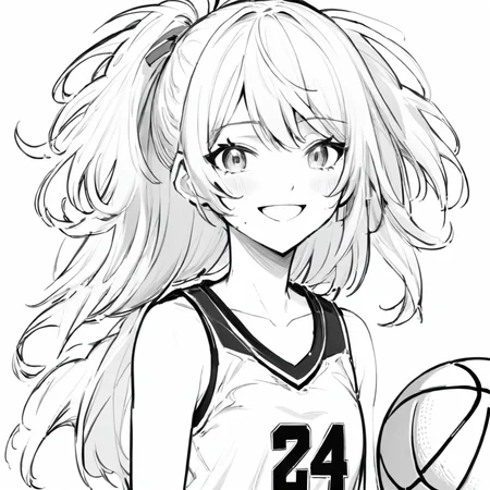 LineAniAF,
best quality, anime girl, messy hair, basketball uniform, (smiling:0.5), lineart, monochrome, colorless
, <lora:Lineart-LineAniAF-LessSize20:1>