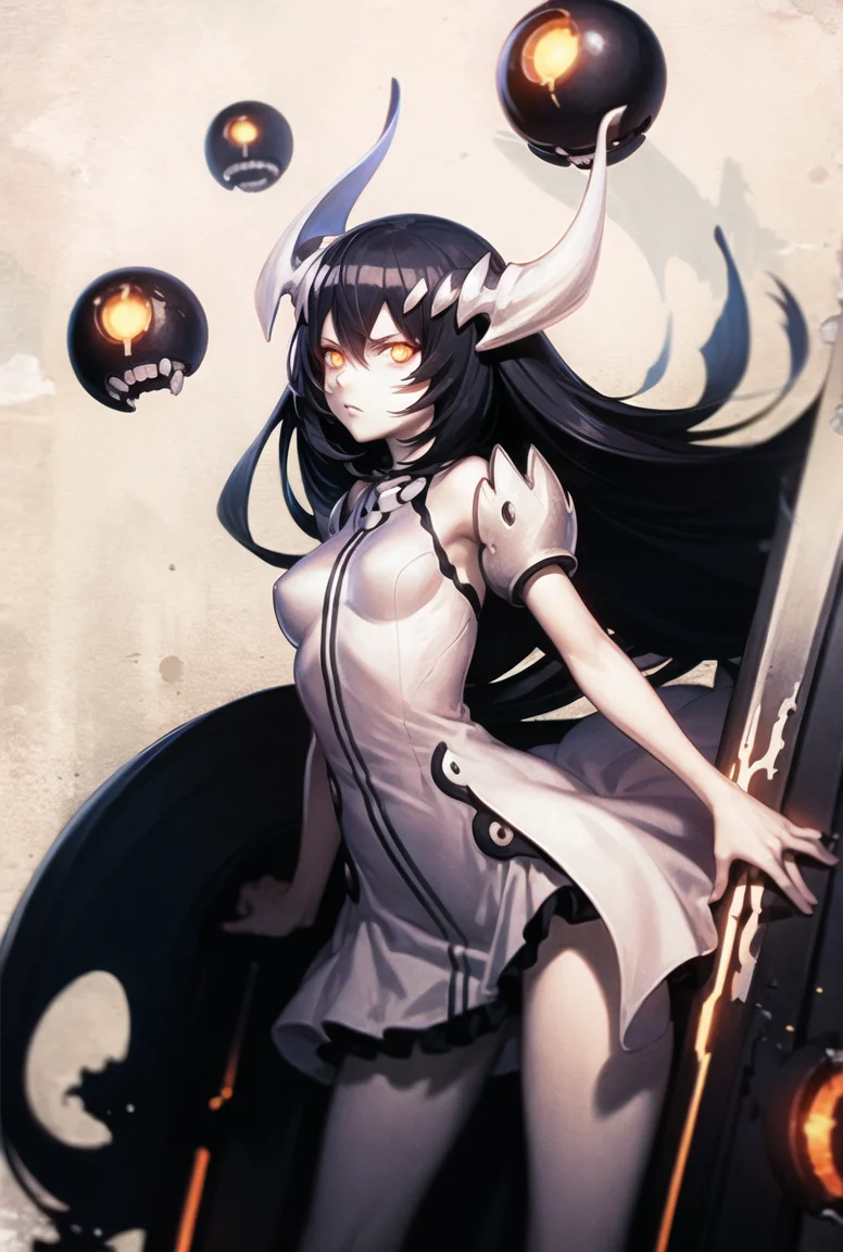 best quality, anime illustration, intricate promotional art, novel cover, anchorage water oni, abyssal ship, glaring, machinery, looking at viewer, standing, arms at side, 1girl, (colored skin, pale skin), long black hair, orange eyes, glowing eyes, white dress <lora:Anchorage Water Oni:1>