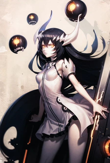 best quality, anime illustration, intricate promotional art, novel cover, anchorage water oni, abyssal ship, glaring, machinery, looking at viewer, standing, arms at side, 1girl, (colored skin, pale skin), long black hair, orange eyes, glowing eyes, white dress <lora:Anchorage Water Oni:1>