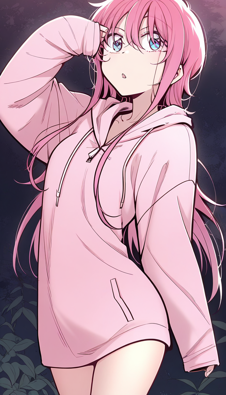 <lora:yushanshan:1>,yushanshan,1girl,long hair,pink hair,hair between eyes,blue eyes,pink hoodie, sleeves past wrists, long sleeves,, masterpiece,best quality,amazing quality,anime screenshot,