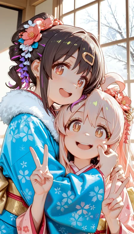 (masterpiece, best quality), best score, best anatomy, ultra deitailed, amazing quality, very aesthetic, absurdres, highres, 2024, newest, HDR, 8K, high detail RAW color art, high contrast, large pupil, eyelashes, shiny skin, detailed background,
oyama mihari, brown hair, red eyes, ponytail, sidelocks, heads together, cheek pinching, happy new year 2025, oyama mahiro, brown eyes, long hair, french braid, looking at view, kimono, plum blossoms pattern, blue pattern, fur trim, indoors, v, looking at viewer, round teeth, open mouth, upper body, face focus, smile, happy, winter, beautiful memorable moment, sparkle, <lora:薄塗り:0.65>, <lora:Pony People's Works_noob:0.8>, <lora:spo_sdxl_10ep_4k:0.8>, <lora:MeMaXL4:0.6>