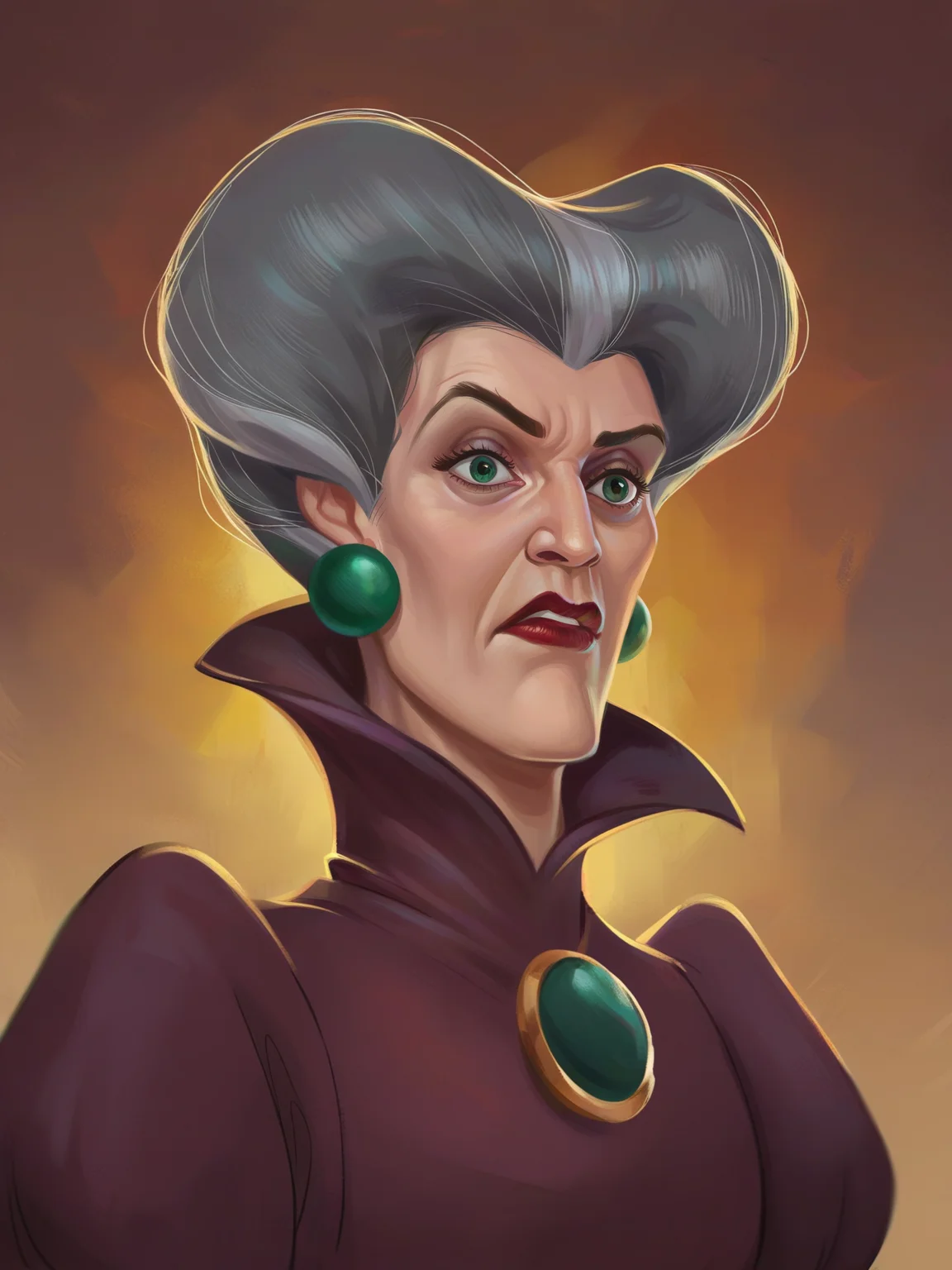 <lora:Lady Tremaine:0.4> l_tr, 1girl, green eyes, gray hair, high heart-shaped pompadour hair, hooked nose, creases on down eyes, red lips, orb-shaped earrings,gown with green gem, high collar, extended sleeves
<lora:Concept Art Brush Style LoRA_Pony XL v6:0.9> realistic, concept art, digital art, score_9, score_8_up, score_7_up,