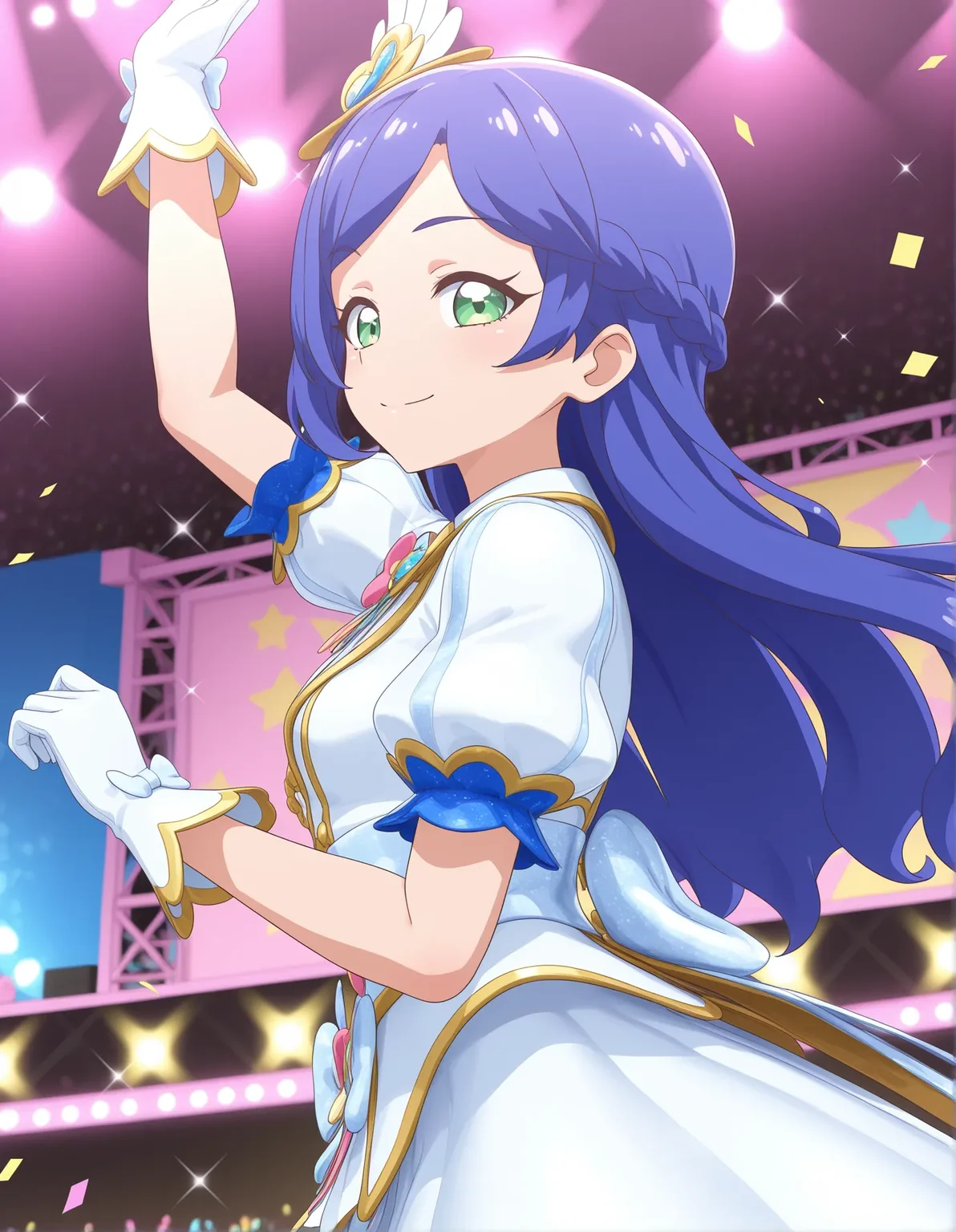 1girl, kiratto pri chan, 
solo, anime coloring, sadness, from below, (stage:1.3), (concert:1.3), dancing, open eyes, aobarinka3d, (3d:1.1), blue hair, long hair, asymmetrical bangs, green eyes, small breasts, idol clothes, smile, puffy sleeves, from side, blurry, depth of field, arm up, looking at viewer, upper body, glove, stage lights, sidelocks, standing, spotlight, puffy short sleeves, white gloves, breasts, short sleeves, twintails, sparkle, white dress, closed mouth, confetti, dress,
best quality, very aesthetic, newest, masterpiece, absurdres, highres, anime screenshot, safe
 <lora:il-prichan-rinka1.0:1>