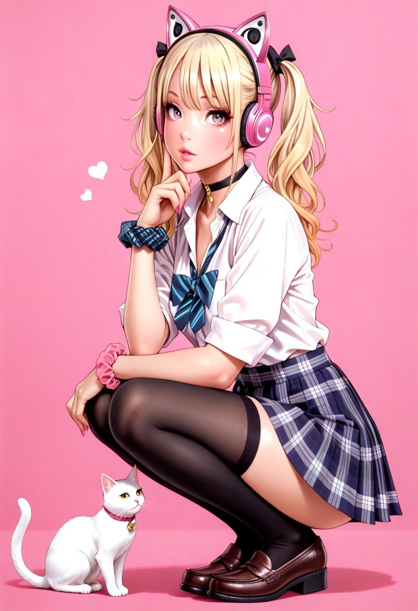 masterpiece,best quality,absurdres,highres,perfect anatomy,sketch,
1girl,gyaru,solo,cat,squatting,full body,looking at viewer,
blonde hair,twintails,choker,school uniform,pleated skirt, tartan skirt,loafers,wrist scrunchie,cat ears,pink-headphones, thigh-high stockings,
pink background,<lora:Yamashita_Shunya_Illu_Edition:1>,YS-Illu,, masterpiece,best quality,absurdres,highres,perfect anatomy,(sharp image),
