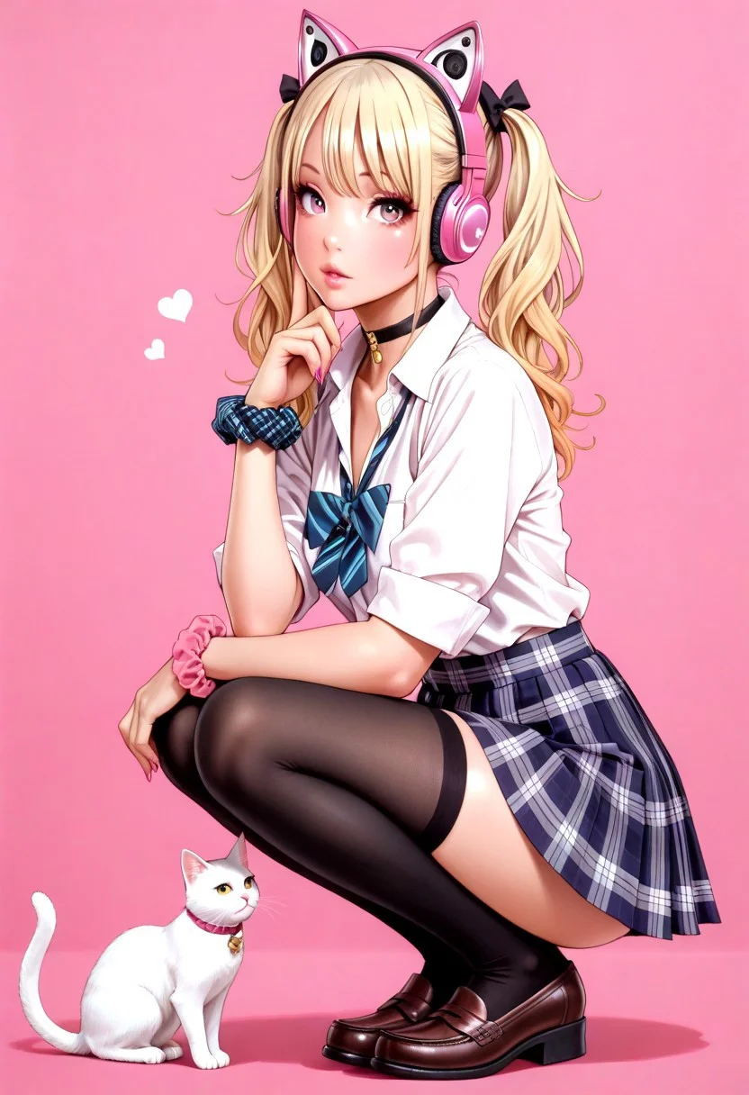 masterpiece,best quality,absurdres,highres,perfect anatomy,sketch,
1girl,gyaru,solo,cat,squatting,full body,looking at viewer,
blonde hair,twintails,choker,school uniform,pleated skirt, tartan skirt,loafers,wrist scrunchie,cat ears,pink-headphones, thigh-high stockings,
pink background,<lora:Yamashita_Shunya_Illu_Edition:1>,YS-Illu,, masterpiece,best quality,absurdres,highres,perfect anatomy,(sharp image),