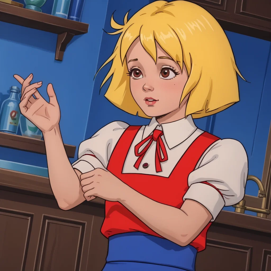 Alice through the looking glass 1987, Alice, White Shirt, Girl, Red vest, , Blond Hair, Red Shoes, Blue Leggings, Brown Eyes <lora:Alice_Through_the_Looking_Glass_1987:1>