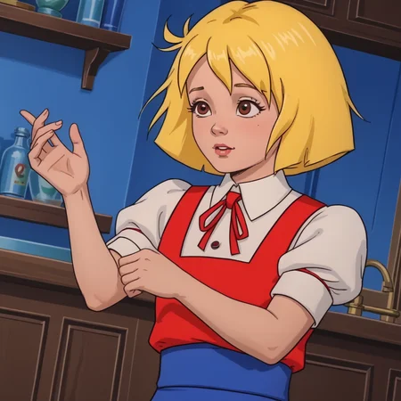 Alice through the looking glass 1987, Alice, White Shirt, Girl, Red vest, , Blond Hair, Red Shoes, Blue Leggings, Brown Eyes <lora:Alice_Through_the_Looking_Glass_1987:1>