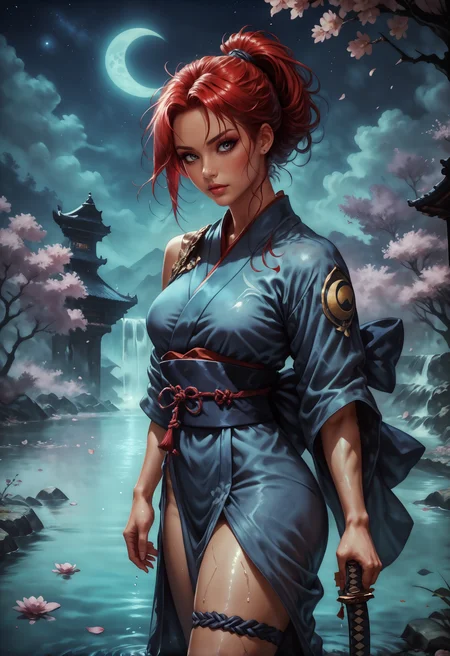 score_9, score_8_up, score_7_up, detailed, 1girl, solo, intricate details, chromatic aberration, realistic, samurai girl, red hair, shiny skin, sexy, ponytail, red eyes, outdoors, night time, dusk, torches, sprinkling water fountain, rocks, japanese landscape, flowers, tilted angle, moody lighting, tall, toned, open kimono, thigh strap, bare tree, branch, cherry blossoms, crescent moon, falling leaves, falling petals, full moon, lake, moon, moonlight, mountain, night, night sky, confident pose, victor pose, petals, petals on liquid, ripples, river, rose petals, sky, water, wet, wind, solo, holding a katana (blue and orange hue:1.2), highly detailed, glossy lips, high quality, dim lighting <lora:Kenva:0.8> knva, <lora:Concept Art Twilight Style SDXL_LoRA_Pony Diffusion V6 XL:0.8> concept art, <lora:Expressive_H-000001:0.8> expressiveh <lora:sinfully_stylish_SDXL> <lora:Pony_DetailV1.0>