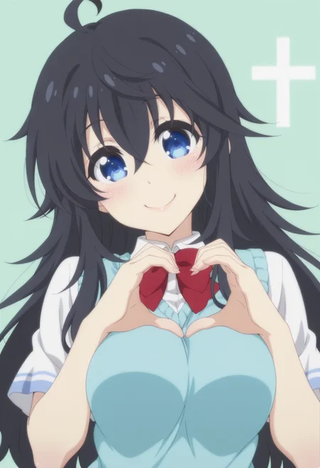anime screencap, anime coloring,  <lora:DX888Ako:1> tamaki ako, blue eyes, black hair, very long hair, hair between eyes, ahoge, BREAK  school uniform, sweater vest, white shirt,  red bowtie, plaid skirt, blue skirt, thighhighs, BREAK simple background, green background,  cross background, BREAK   1girl, blush, breasts,  hands up, (head tilt:1.2), heart hands, looking at viewer, portrait, solo, upper body,  4-finger heart hands, smile