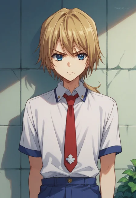 score_9, score_8_up, score_7_up, source_anime, highly detailed,
jironezu, 1boy, male focus, blue eyes, solo, blonde hair, necktie, school uniform,
upper body, red necktie, blue pants, ponytail, shirt, white shirt, short sleeves, frown
outdoor,