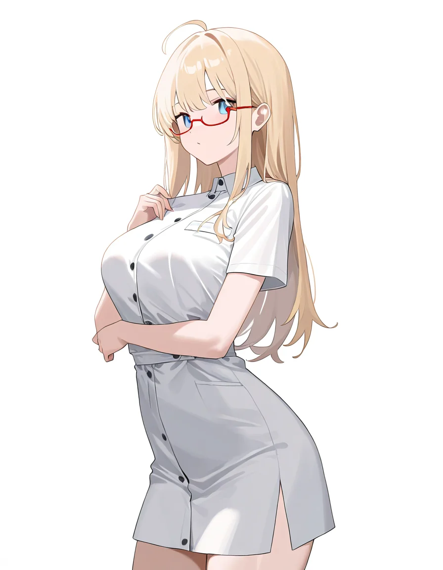 <lora:hude-000012:1>,hude,1girl,solo,looking at viewer,white background,simple background,semi-rimless_eyewear,red-framed_eyewear,cowboy shot,alternate costume,nurse,, masterpiece, best quality, very aesthetic, absurdres,newest, incredibly absurdres,