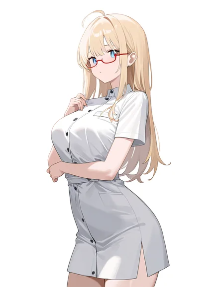 <lora:hude-000012:1>,hude,1girl,solo,looking at viewer,white background,simple background,semi-rimless_eyewear,red-framed_eyewear,cowboy shot,alternate costume,nurse,, masterpiece, best quality, very aesthetic, absurdres,newest, incredibly absurdres,