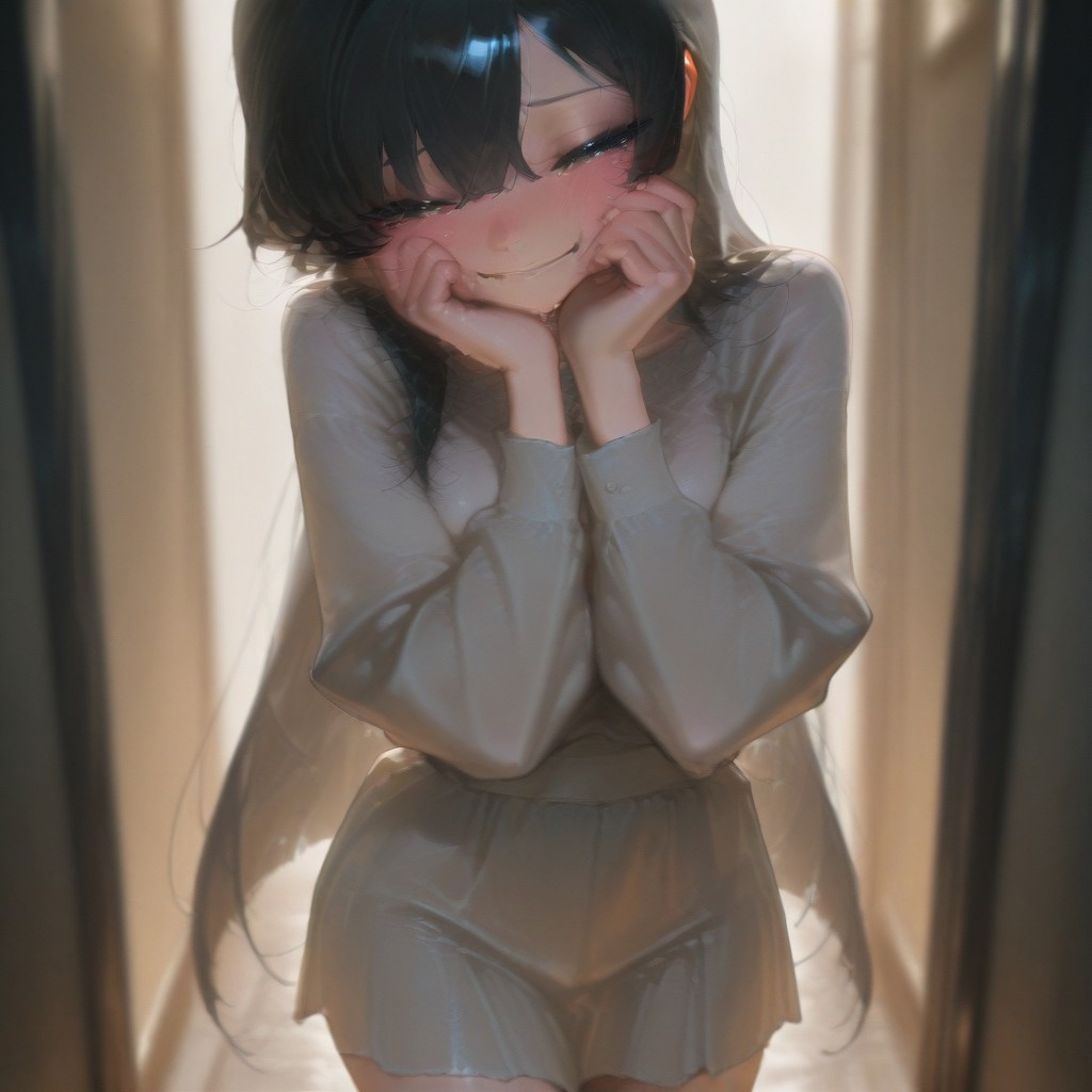 masterpiece, best quality, 1girl, solo, long hair, blush, smile, happy, tear, crying, black hair, cowboy shot