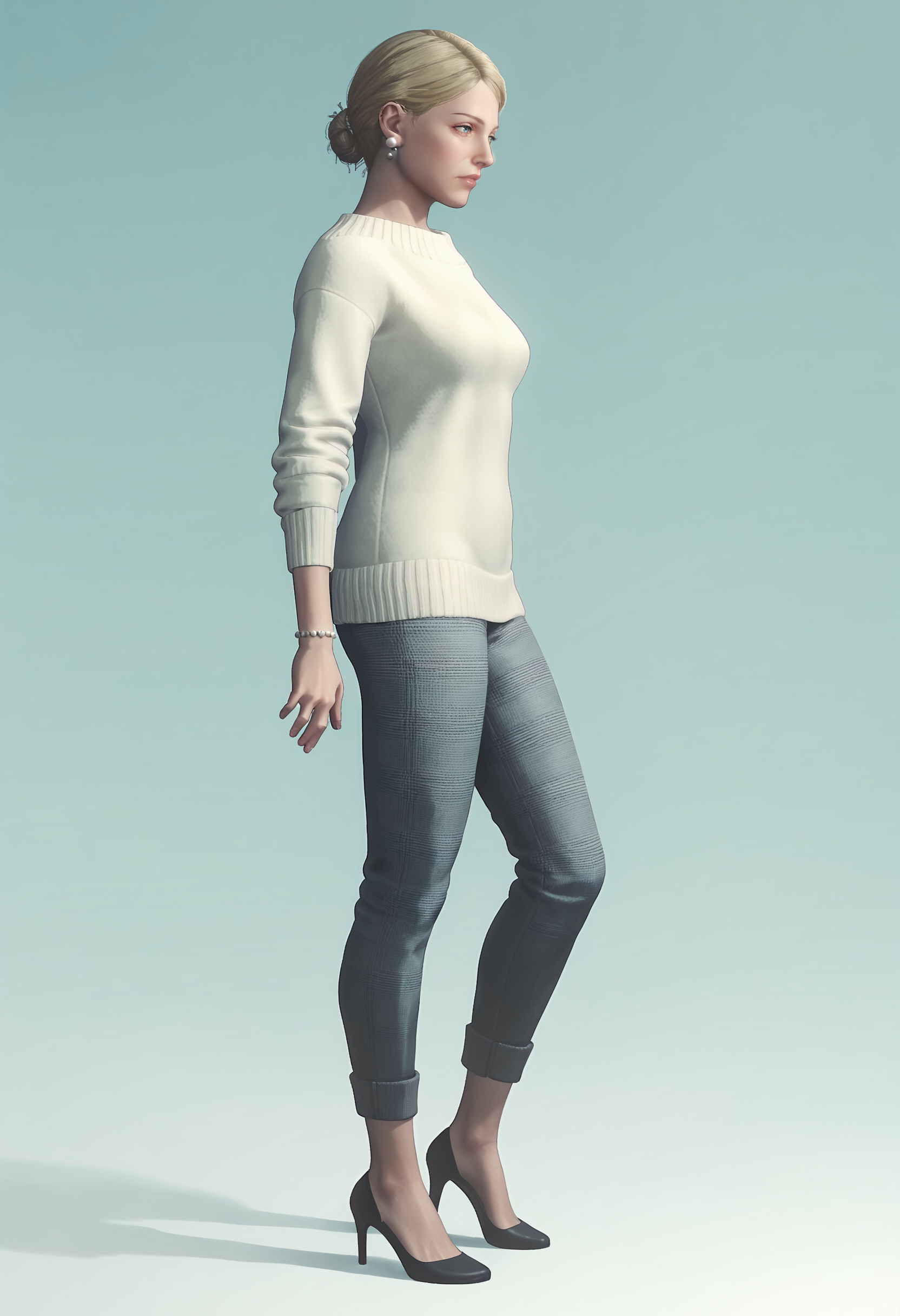 score_9, score_8_up, score_7_up, score_6_up, score_5_up, score_4_up, 1girl, <lora:MyraCastellanos_r2:0.85> solo, medium breasts, short hair, blonde hair, blue eyes, lips, jewelry, earrings, white sweater, sweater, grey pants, high heels, full body, standing, from side, 
light blue background, simple background,