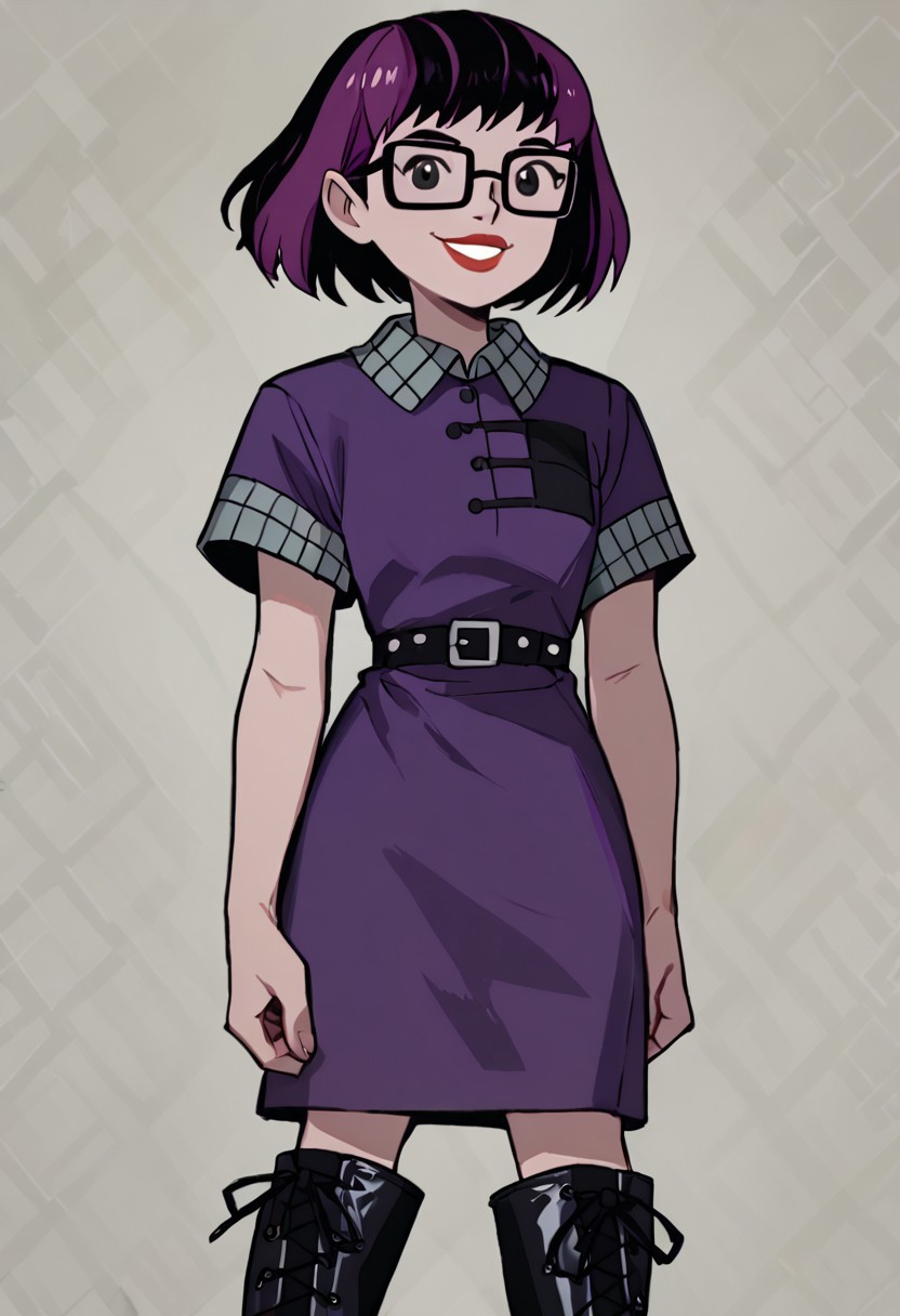 score_9, score_8_up, score_7_up BREAK VicFick, 1girl, black purple bob cut, black eyes, lipstick, glasses, short-sleeved black purple dress, grey short sleeves, black boots, smiling at viewer,