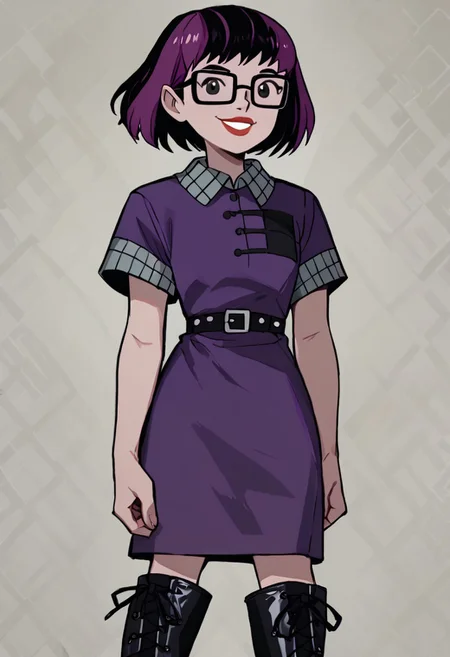 score_9, score_8_up, score_7_up BREAK VicFick, 1girl, black purple bob cut, black eyes, lipstick, glasses, short-sleeved black purple dress, grey short sleeves, black boots, smiling at viewer,