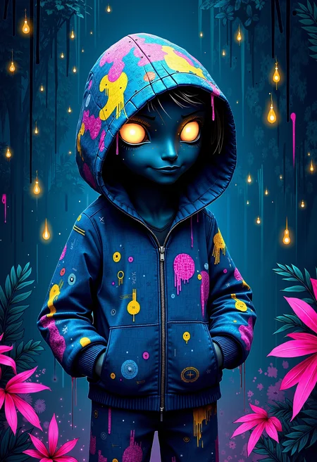 bo-digitalabstract, Cyber shaman in a neon-lit jungle, blending nature and technology, glowing bio-luminescent plants, digital patterns on skin and clothing, dark green and purple tones, (hooded figure:1.3), (organic-tech fusion:1.4), mystical and enigmatic, spiritual cyberpunk atmosphere, cinematic lighting, digital painting, inspired by futuristic fantasy., a digital drawing in a vibrant, cartoonish style, it features a stylized, anthropomorphic character with a humanoid body, standing against a dark, starry night sky, the character has a small, round head with two large, glowing white eyes and a smiley face, giving it a playful, mischievous expression, its body is covered in a blue, abstract jacket with a white and pink abstract design, the jacket has a zipper down the front, and it is adorned with various geometric patterns and symbols in shades of blue, pink, and yellow, the hood of the character is also blue and covers the character's head, with a large, colorful, abstract design featuring splashes of pink, yellow, and blue, dripping paint in various hues, adding a dynamic and surreal element to the composition, the background is a gradient of deep blues and purples, with small, abstract shapes and splatters scattered throughout, enhancing the surreal and dreamlike quality of the artwork, the overall color palette is dominated by bold, bright colors, with the character standing out against the dark background, the texture of the drawing is smooth and polished, with clean lines and sharp edges, typical of high-quality digital art<lora:Flux\boFLUX Digital Abstract.safetensors:0.8:0.8>