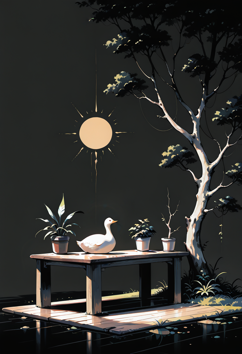 masterpiece, best quality, good quality, very awa, newest, highres, absurdres, no lineart, no outline, simple background, sitting, grey background, tree, no humans, bird, table, grass, plant, scenery, wooden floor, branch, sun, potted plant, animal focus, stick, duck, crane \(animal\), (monochrome, negative space), black background, painterly, fine art, hiz_ai, in the style of cknc, wat,