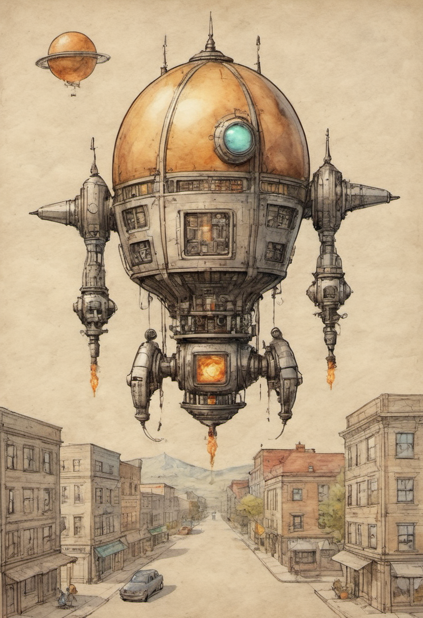 ink and watercolor on parchment flying bot chrome and onyx and brass construction android baroque engineering styles rocket flame from android boots levitating flying android surveys a suburban American town square