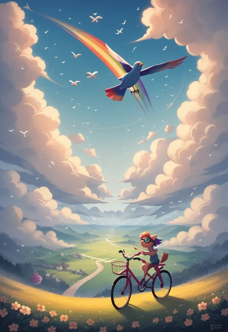 score_9,score_8_up,score_7_up,score_6_up,score_5_up,floating_island,quirky_inventor,bicycle_flying_machine,fluffy_clouds,birds_with_goggles,cheering_birds,rainbow_horizon,wind_blooming_flowers,picturesque,whimsical_atmosphere,high_above,<lora:Smooth Anime Style LoRA XL:1>,<lora:princess_xl_v2:0.8>