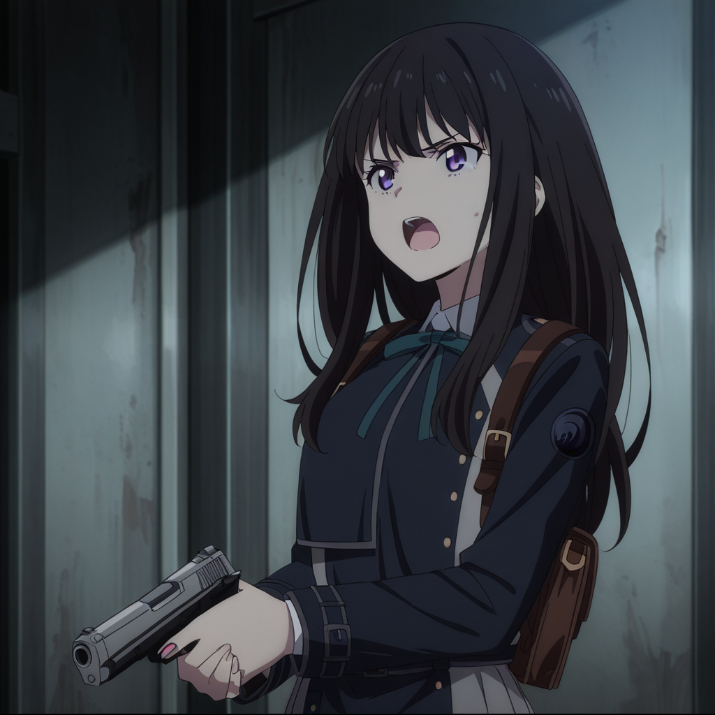 nsfw, masterpiece,best quality,amazing quality,1girl, solo, lycoris_recoil_takina_lnoue, lycoris uniform, long hair, black hair, open mouth, ribbon, bangs, purple eyes, neck ribbon,shirt, blue dress, collared shirt, holding gun, dress,white shirt, blue ribbon, green ribbon, <lora:Takina_Inoue_-_Lycoris_Recoil:0.7>