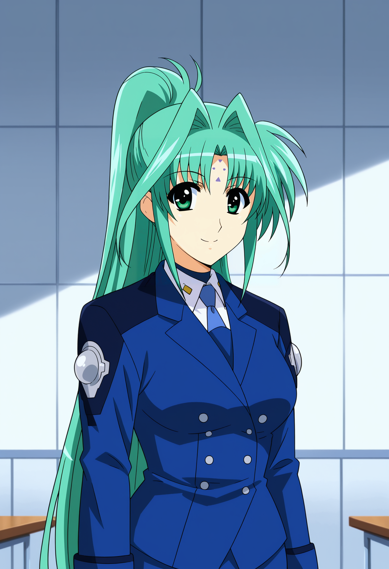 <lora:Lindy_Harlaown-Mahou_Shoujo_Lyrical_Nanoha:0.9>,Lindy,mature female,1girl,solo,green hair,forehead mark,long hair,green eyes,ponytail,uniform,military uniform,cowboy shot,looking at viewer,smile,indoors