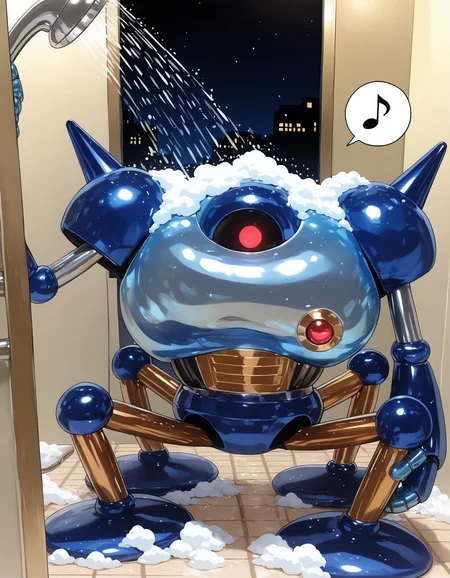 masterpiece,extreme detailed,night,indoors,bathroom BREAK 1other,killing_machine_(dq),no humans,one-eyed,robot,red eyes,robot,spikes,4_legs,<lora:killing_machine_(dq)-IL:1>,showering,soap bubbles,spoken musical note,