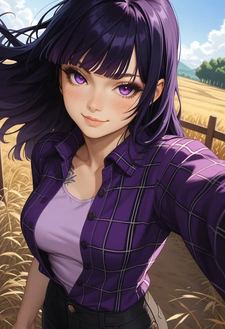 (score_9, score_8_up, score_7_up), 
(dutch angle, upper body:1.4),
1girl, solo, black hair, detailed eyes, purple eyes, long hair,  straight bangs, medium breasts, (goth, wide hips:1.1),  eyeshadow, jeans,  hime cut, (rolled up sleeves:1.2),
tattoo, tattooed arm, (flannel shirt, unbuttoned, purple shirt, white tanktop), nature, outdoors, farm, blush, wind, windy hair, cowboy shot, from above, smug
