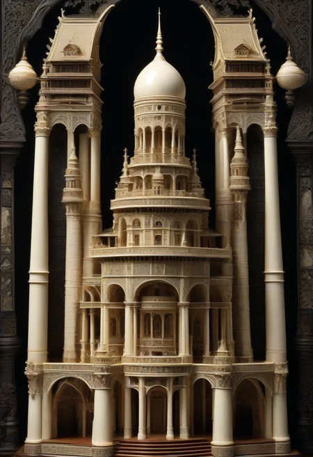 (masterpiece, detailed:1.2), best quality, intricate tower, made out of, ebony, ivory, scrimshaw, bone carving
