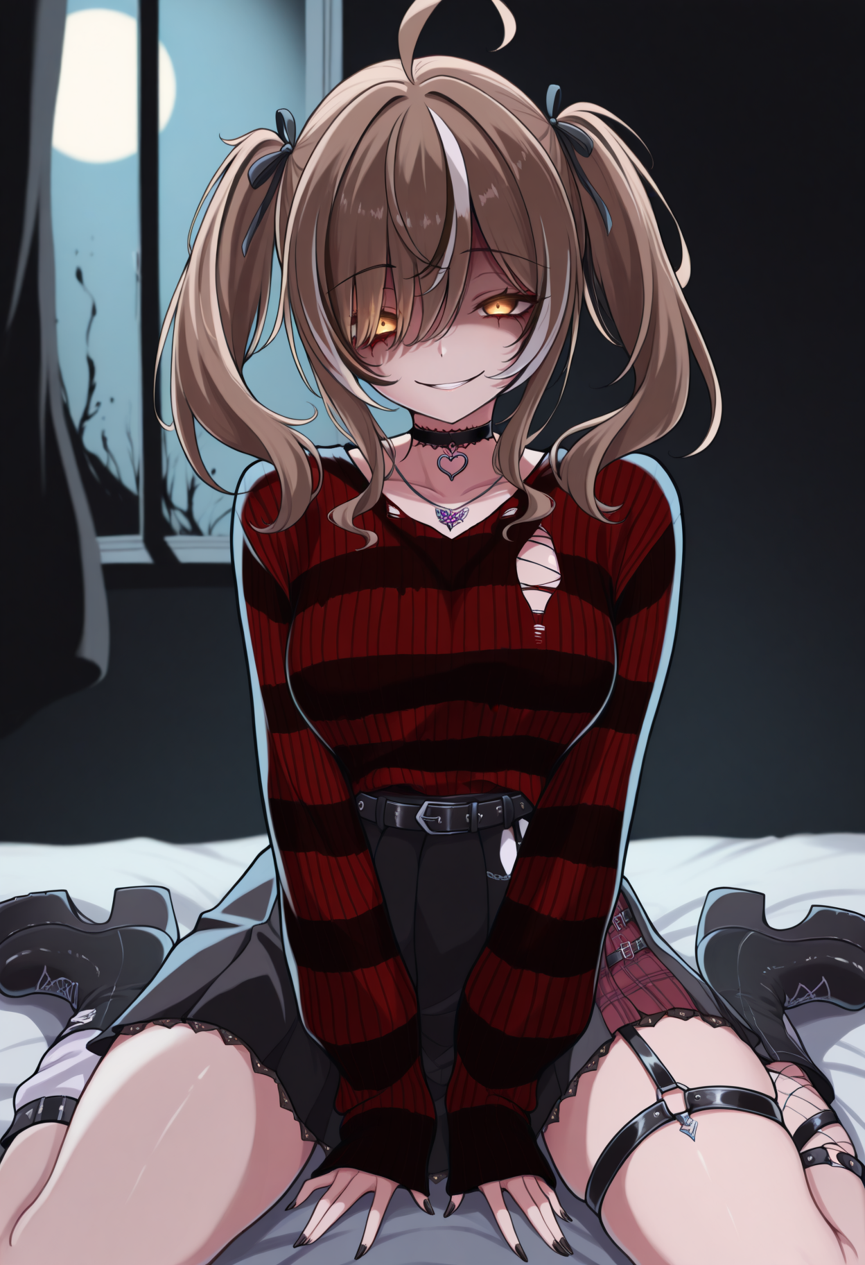 masterpiece, best quality, 1girl, solo, N4nashiEm0, brown eyes, brown hair, medium hair, twintails, multicolored hair, streaked sidelocks, ahoge, hair ribbon, heart choker, necklace, striped sweater, torn sweater, long sleeves, black belt, black skirt, half-skirt, plaid skirt, o-ring thigh strap, mismachted legwear, fishnet kneehigh, white leg warmer, black leg warmer, black platform boots, wariza, on bed, indoors, bedroom, black bed sheet, dark theme, moonlight, darkness, horror \(theme\), glowing eyes, eye trail, seductive smile, looking at viewer, <lora:ChamNanashiMumeiIllustriousXL:1>