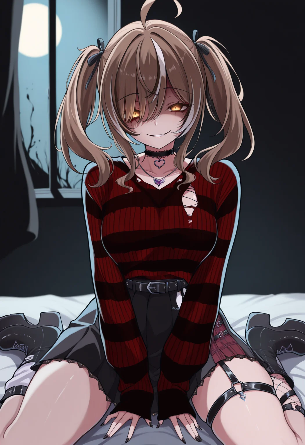 masterpiece, best quality, 1girl, solo, N4nashiEm0, brown eyes, brown hair, medium hair, twintails, multicolored hair, streaked sidelocks, ahoge, hair ribbon, heart choker, necklace, striped sweater, torn sweater, long sleeves, black belt, black skirt, half-skirt, plaid skirt, o-ring thigh strap, mismachted legwear, fishnet kneehigh, white leg warmer, black leg warmer, black platform boots, wariza, on bed, indoors, bedroom, black bed sheet, dark theme, moonlight, darkness, horror \(theme\), glowing eyes, eye trail, seductive smile, looking at viewer, <lora:ChamNanashiMumeiIllustriousXL:1>