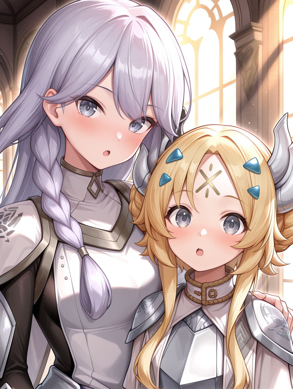 2girls, open mouth, :o, looking at viewer, upper body, blush, dogmatika fleurdelis, white capelet, white dress, black bodystocking, dogmatika ecclesia the virtuous, gold forehead mark, blue hairclip, silver hair ornament, white cape, silver armor, silver breastplate, silver shoulder armor, indoors,castle, light rays, 
masterpiece,best quality,amazing quality,very aesthetic,absurdres,newest,<lora:Dogmatika Fleurdelis & Ecclesia the Virtuous illuXL v1:0.75>,