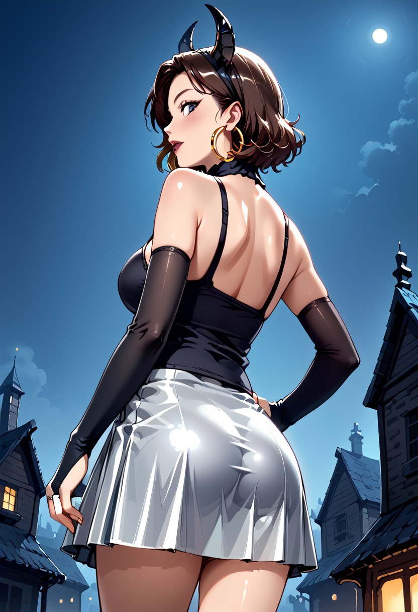 Very detailed pic, View from below, detailed hands, Yumi Omura, Big breasts, solo, jewelry, earrings, breasts, hoop earrings, bridal gauntlets, horns, skirt, from behind, medium breasts, hand on hip, ass, looking back, back, Silver skirt, SilverOutfit , Silver bra cemetery background, graves, pumpking, bats